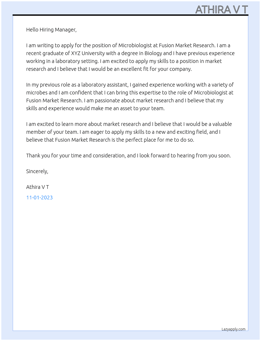 Microbiologist  At Fusion market research Cover Letter