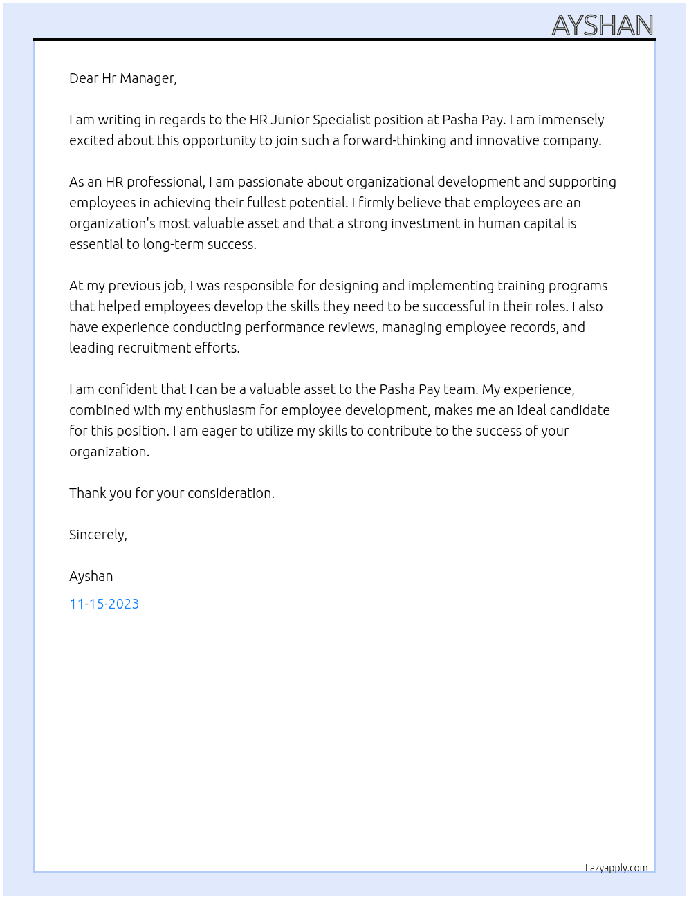 HR Junior Specialist At Pasha Pay Cover Letter