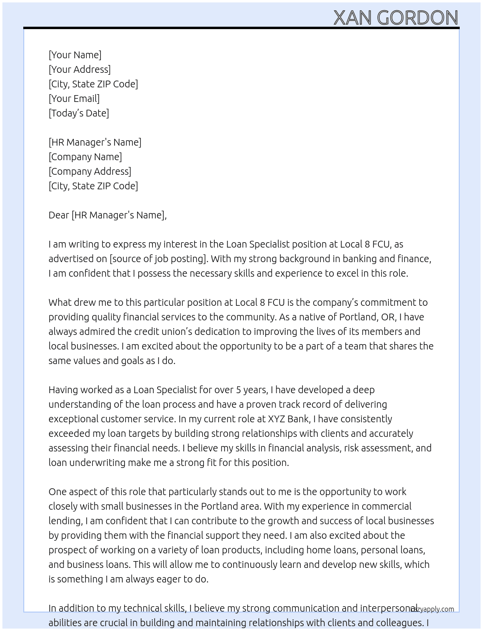 Loan Specialist At Local 8 FCU Cover Letter