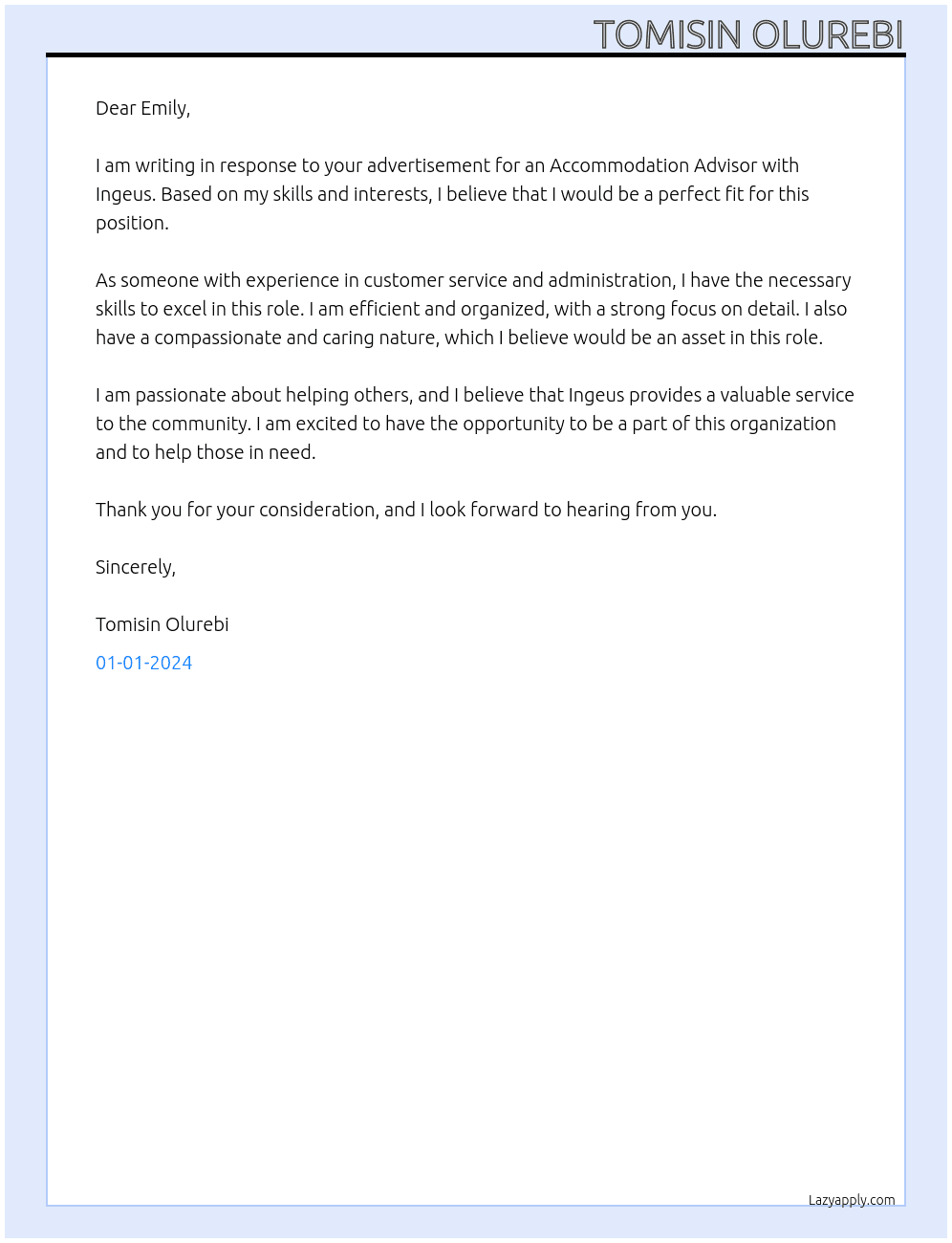 Accomodation Advisor At Ingeus Cover Letter