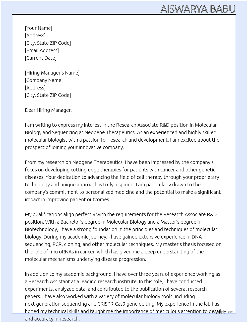 Research Associate R&D, Molecular Biology and Sequencing At Neogene Therapeutics Cover Letter