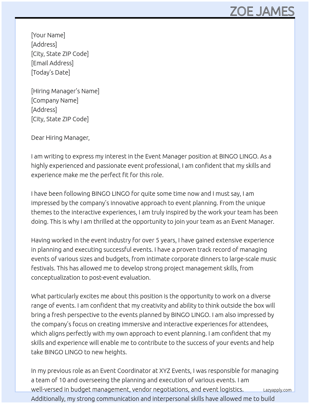 Event Manager At BINGO LINGO  Cover Letter