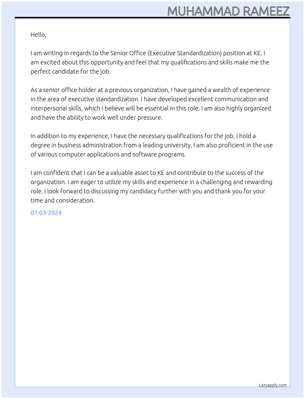 Senior Office (Executive Standardization) At KE Cover Letter