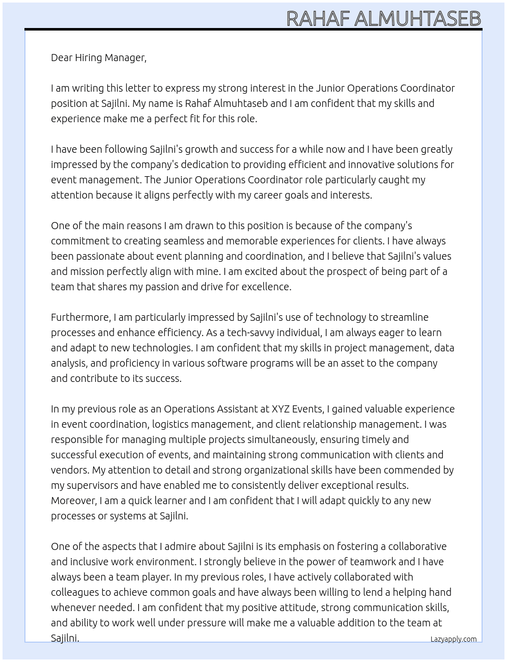 Cover letter for junior operations coordinator - LazyApply