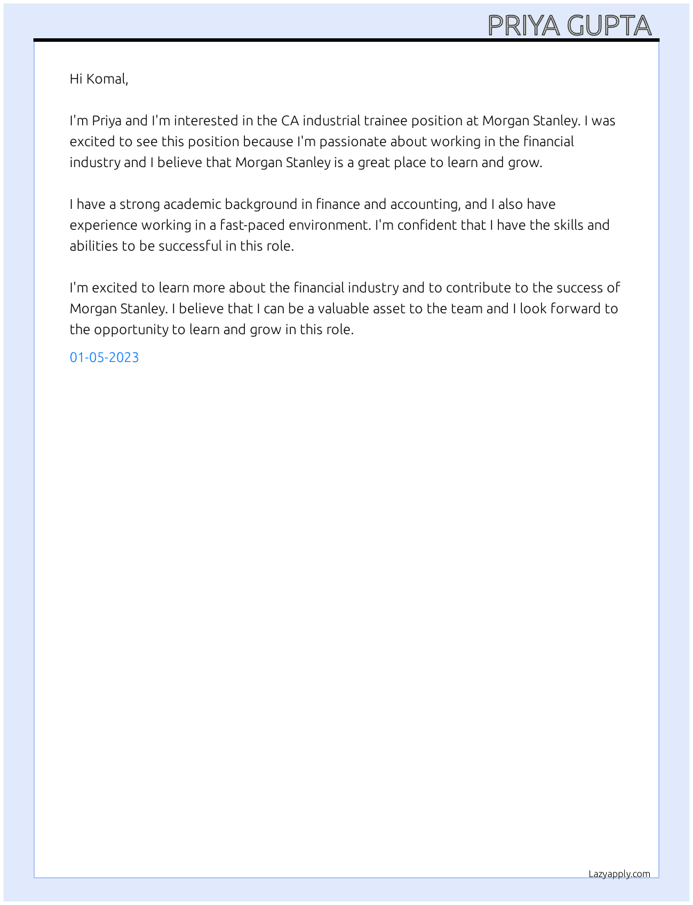 CA industrial trainee  At Morgan Stanley  Cover Letter