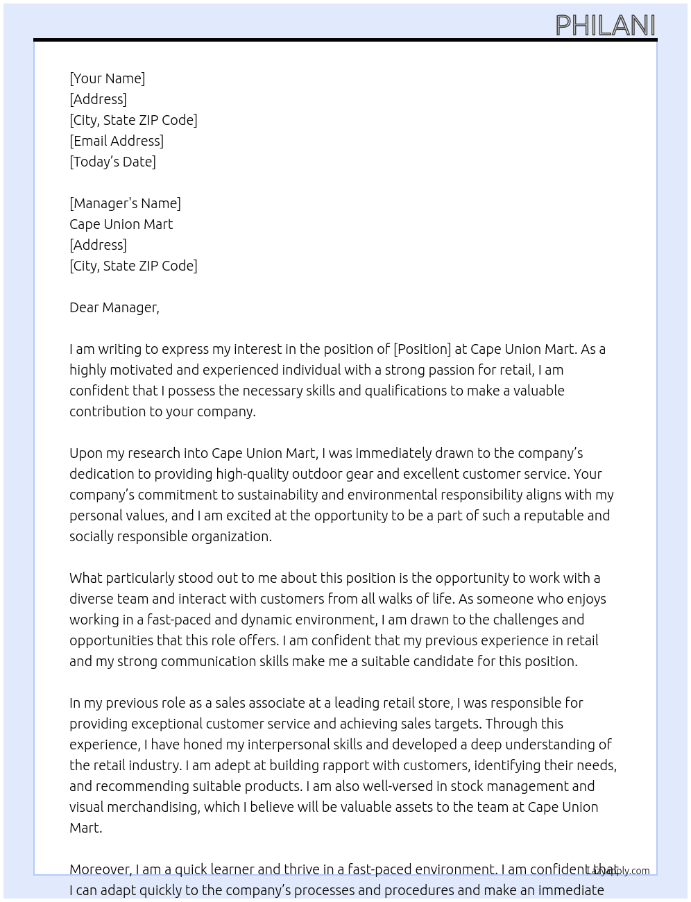 Cape union mart  At Cape union mart Cover Letter