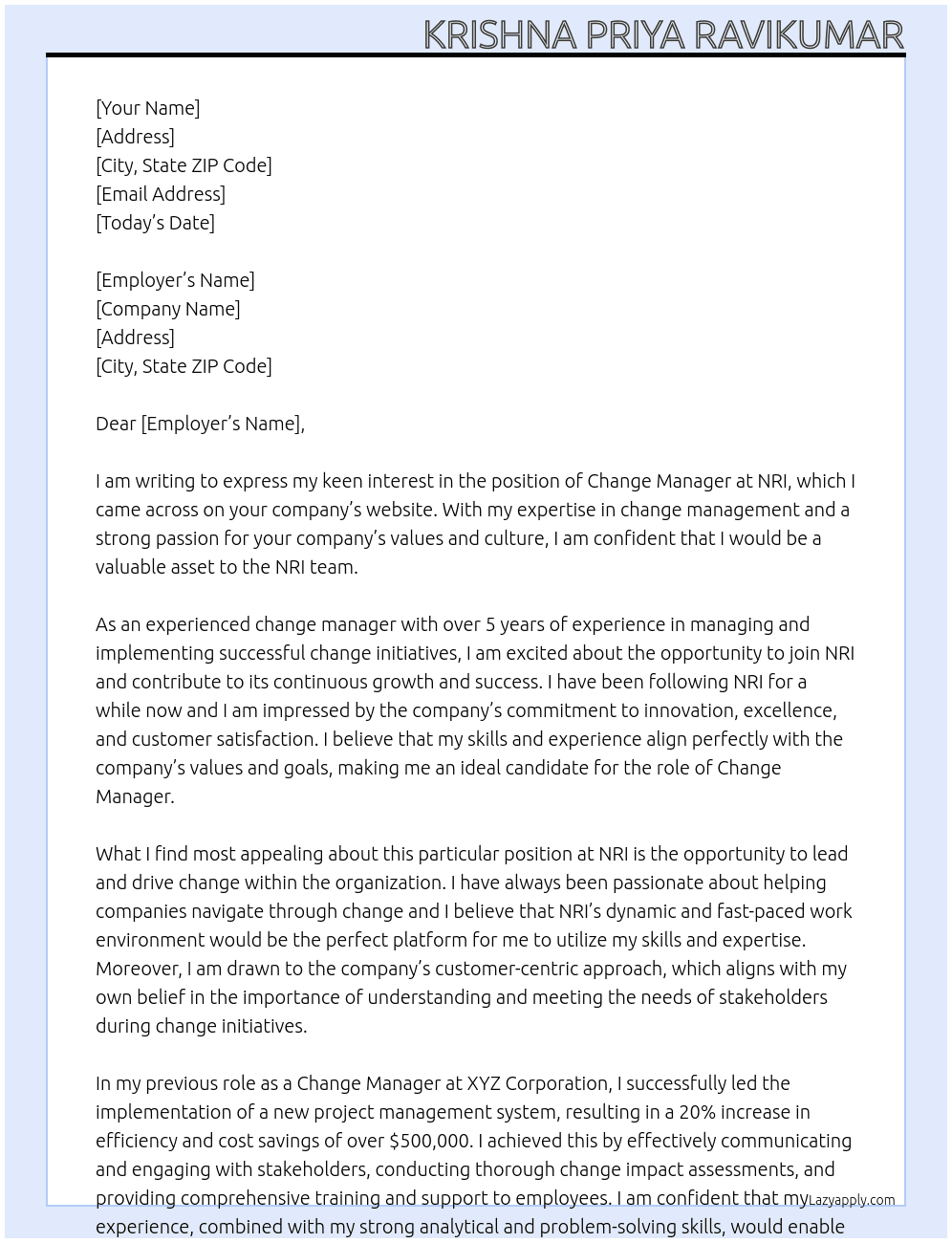 Change Manager At NRI Cover Letter