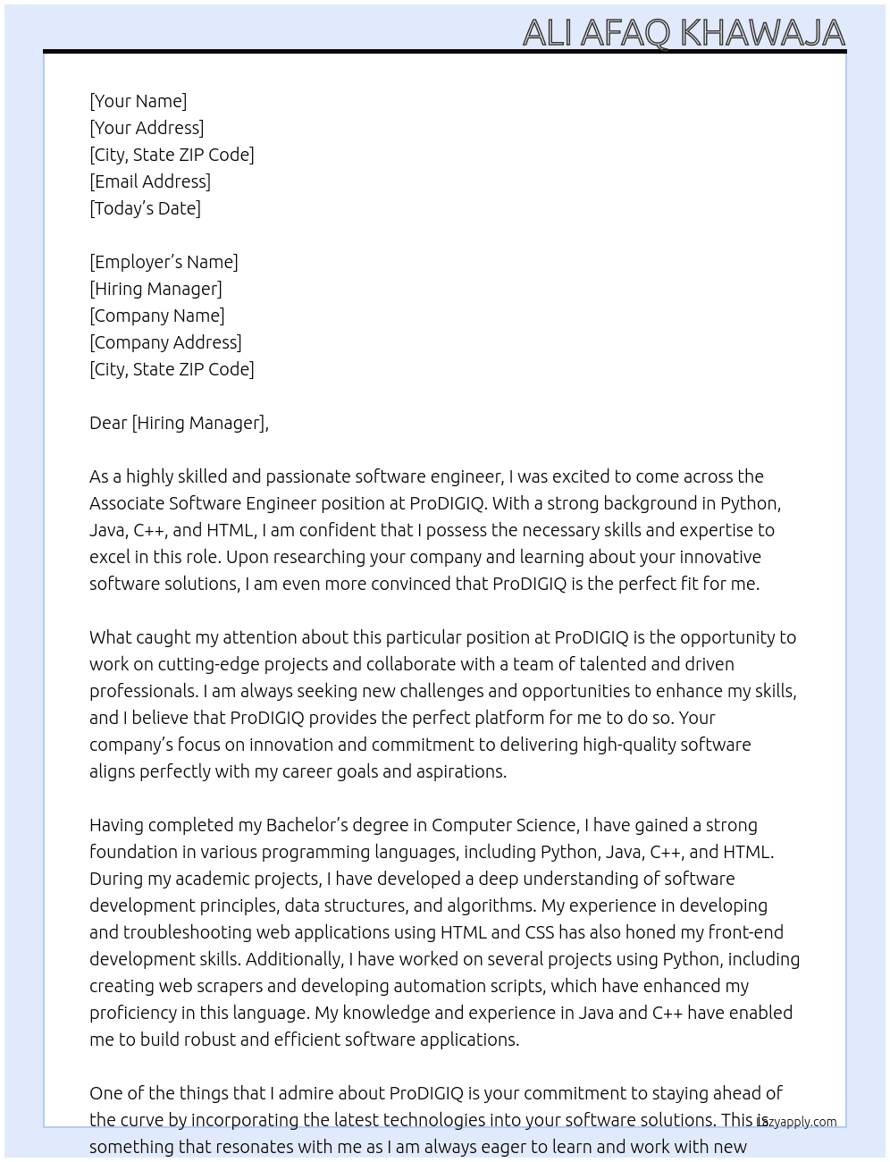 Associate Software Engineer At ProDIGIQ Cover Letter