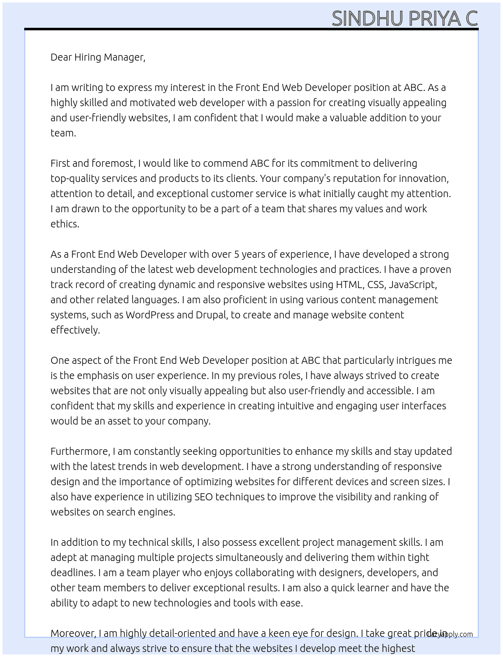 Front end web developer At abc Cover Letter