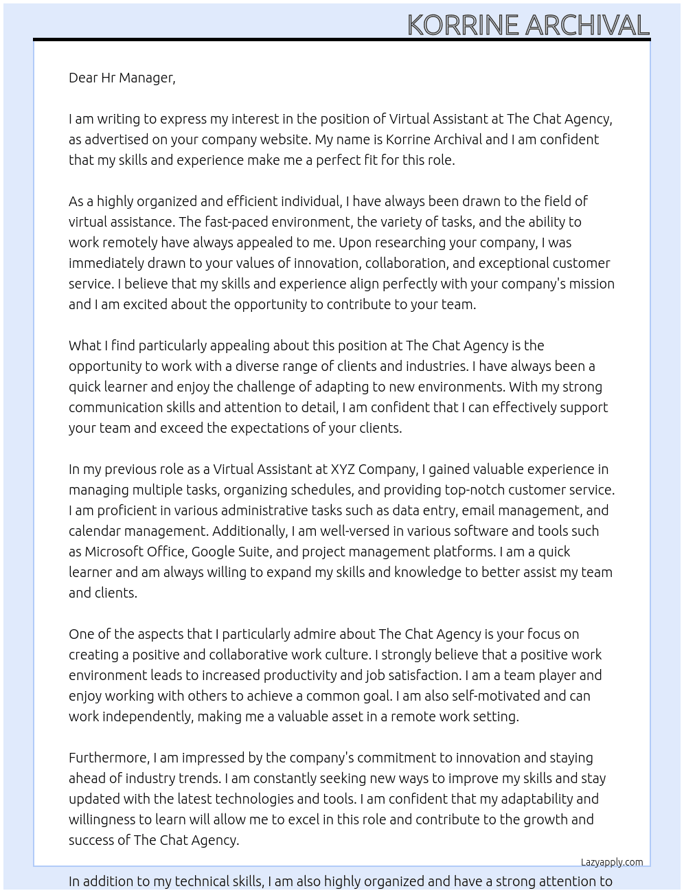Virtual Assitant At The Chat Agency Cover Letter