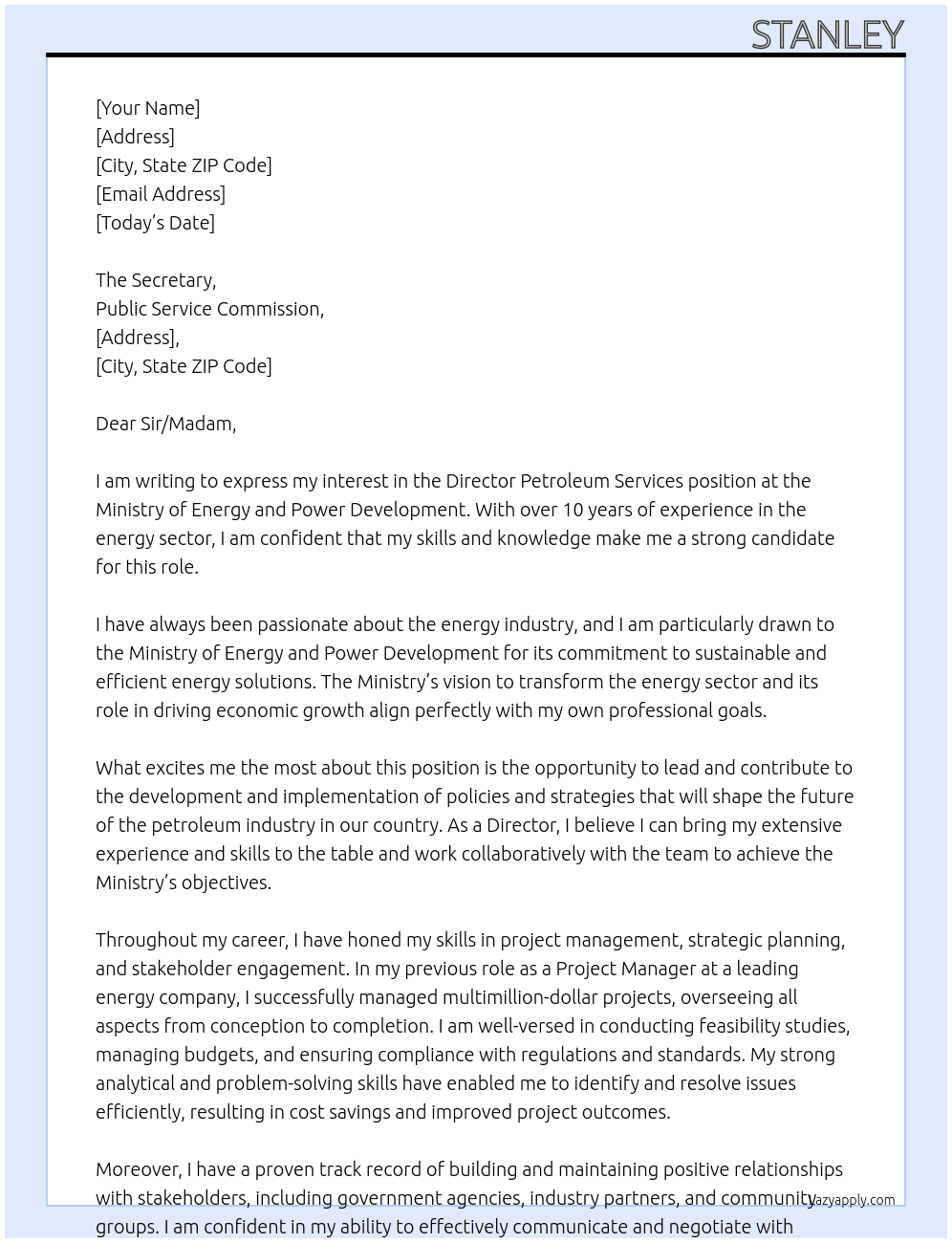 Director Petroleum Services At Minstry of Energy and Power Development Cover Letter