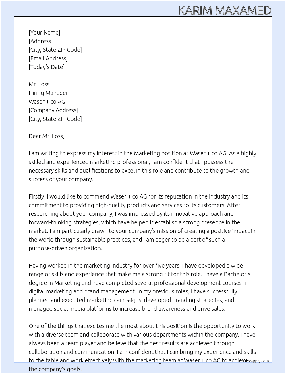 Marketing  At Waser + co AG Cover Letter
