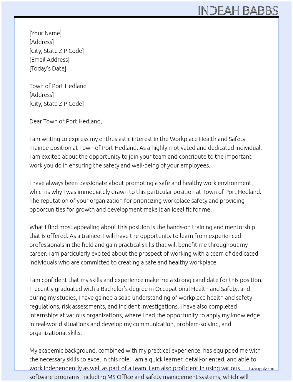 Workplace health and safety trainee At Town of Port Hedland Cover Letter