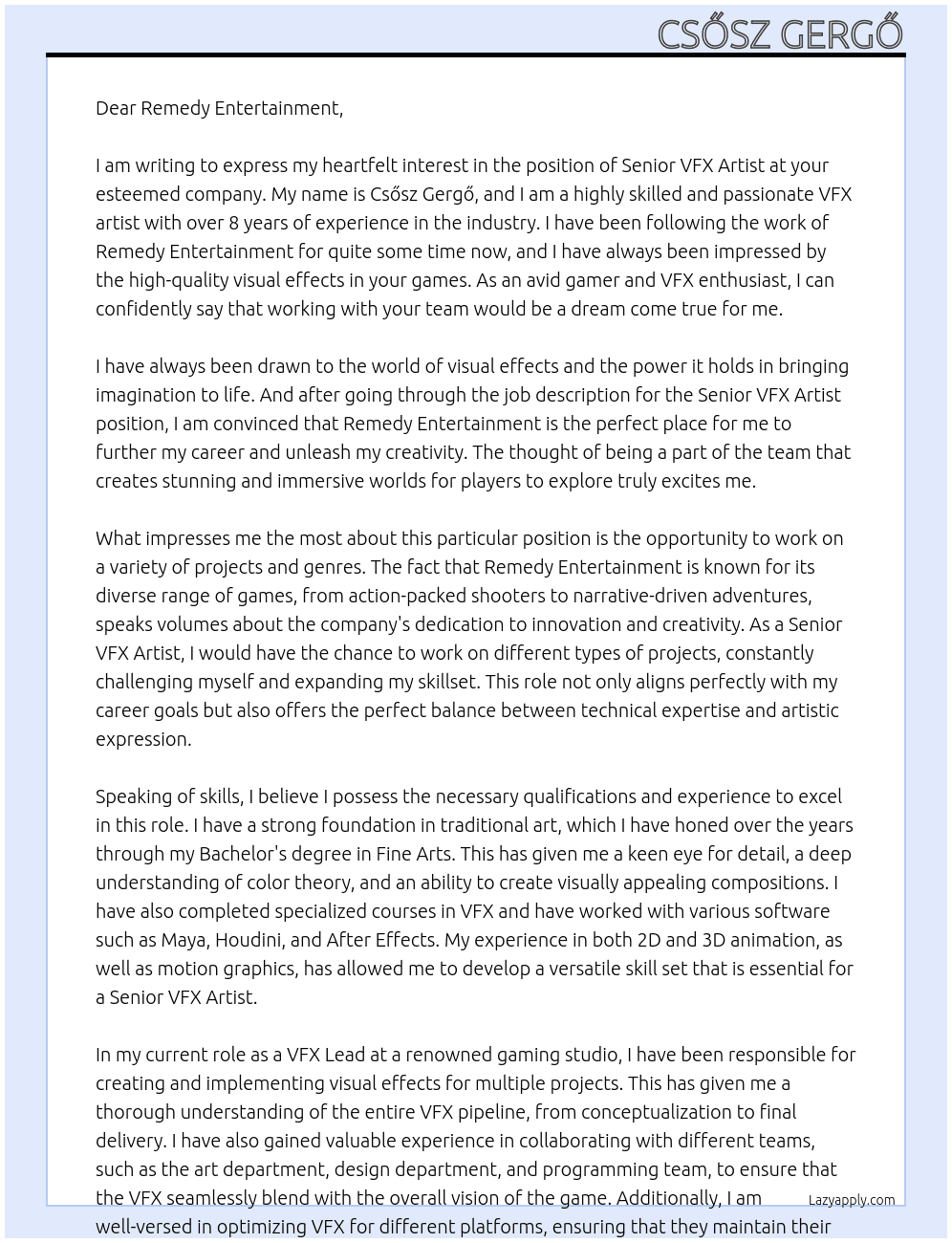 Senior VFX Artist At Remedy Entertainment Cover Letter