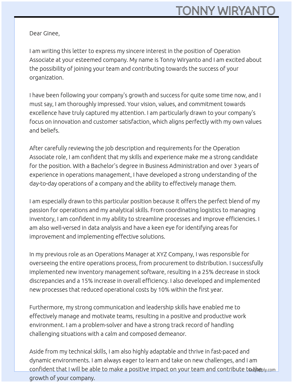 operation associate  At Ginee Cover Letter