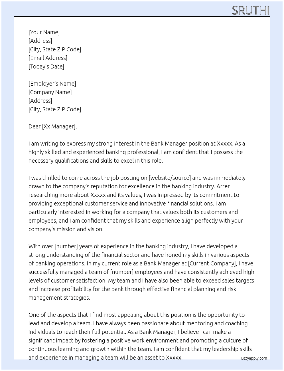Bank manager At Xxxxx Cover Letter