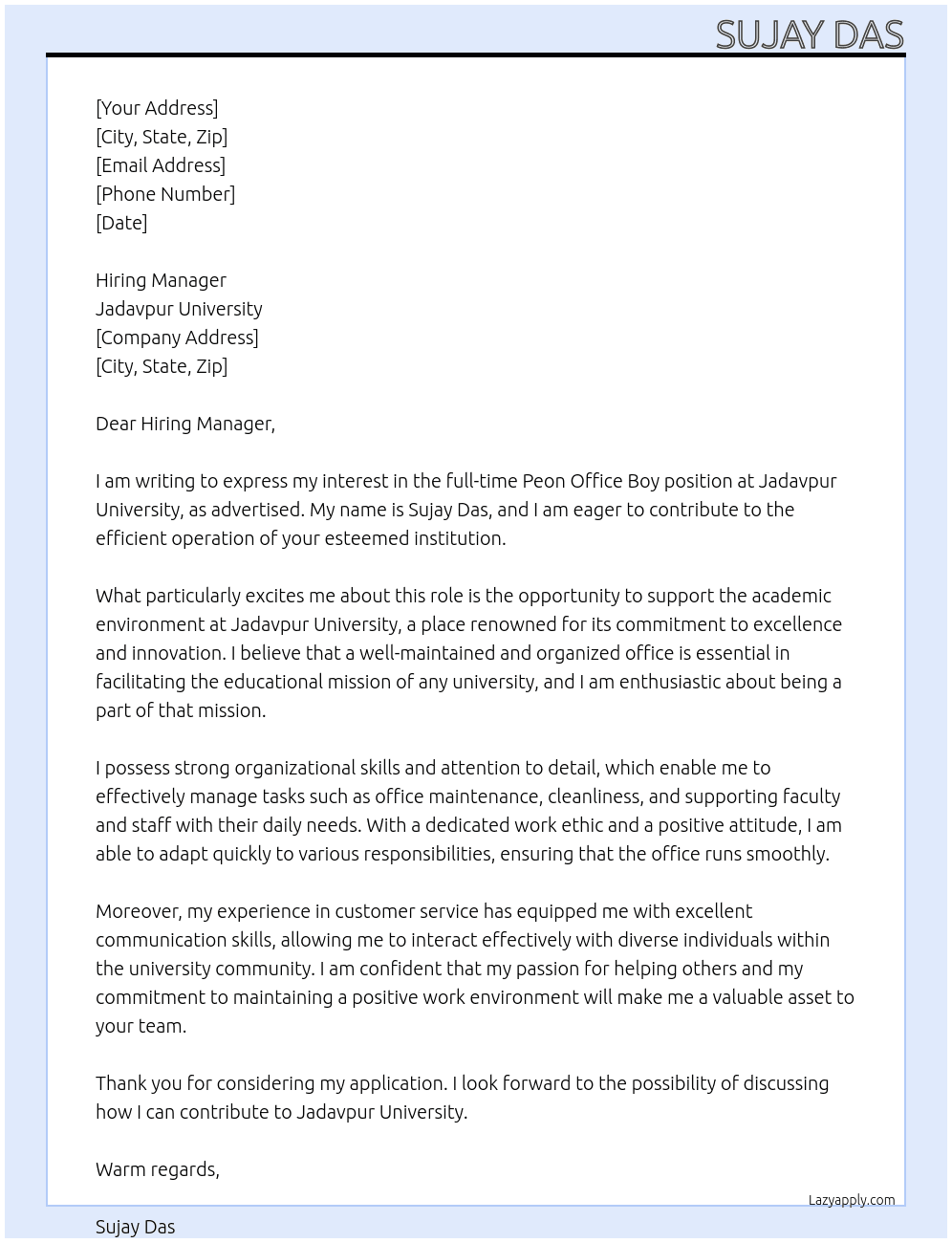 Peon office boy  At Jadavpur University  Cover Letter