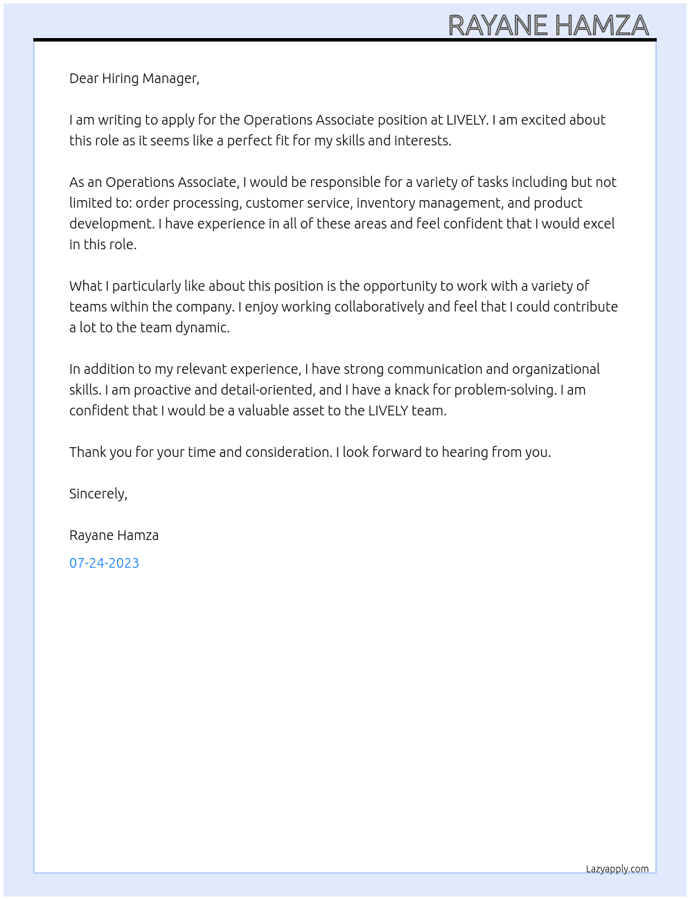 Operations Associate At LIVELY Cover Letter