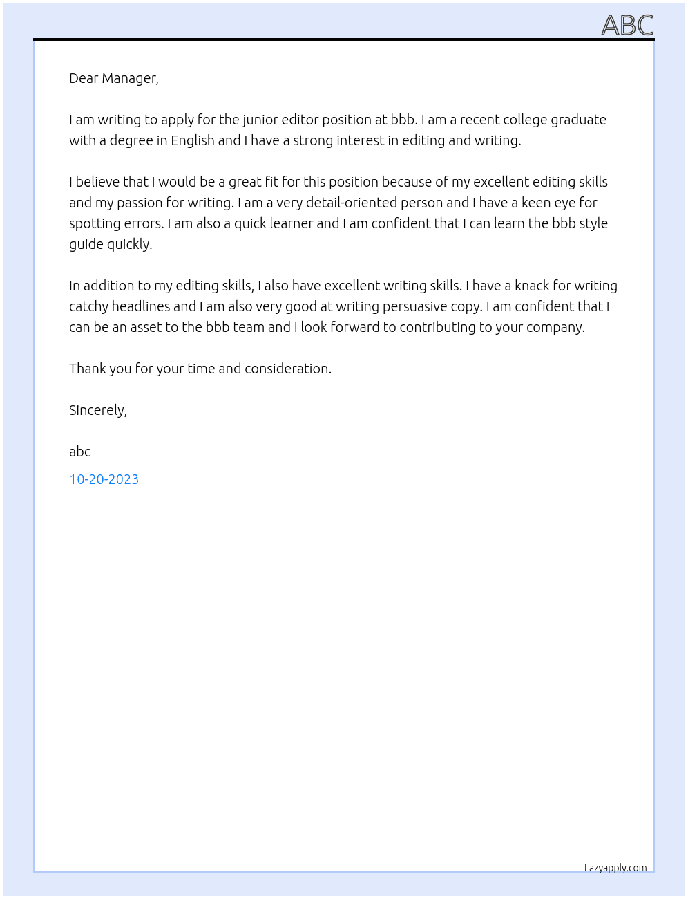 junior editor At bbb Cover Letter