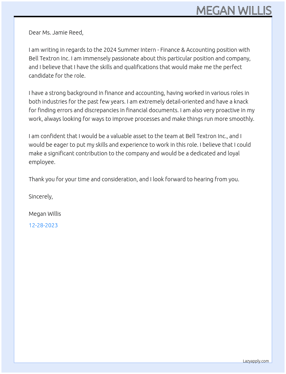 2024 Summer Intern - Finance & Accounting At Bell Textron Inc.  Cover Letter