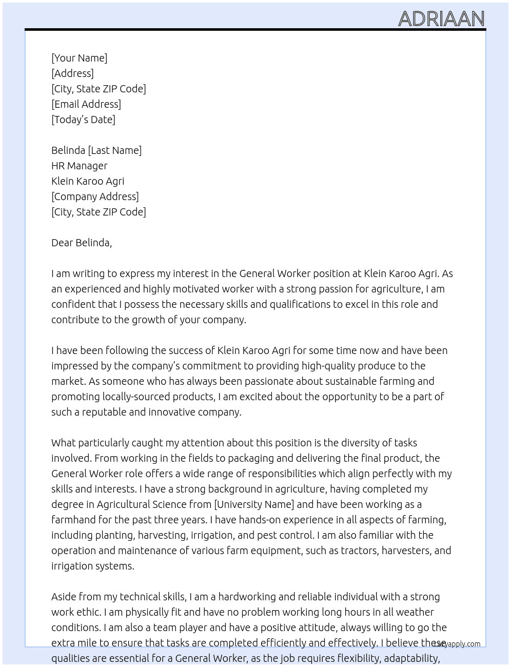 General worker At Klein Karoo Agri Cover Letter