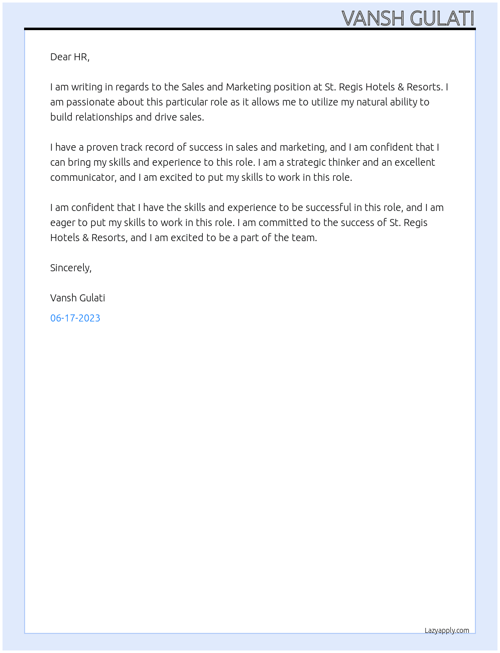 Sales and Marketing  At  St. Regis Hotels & Resorts  Cover Letter