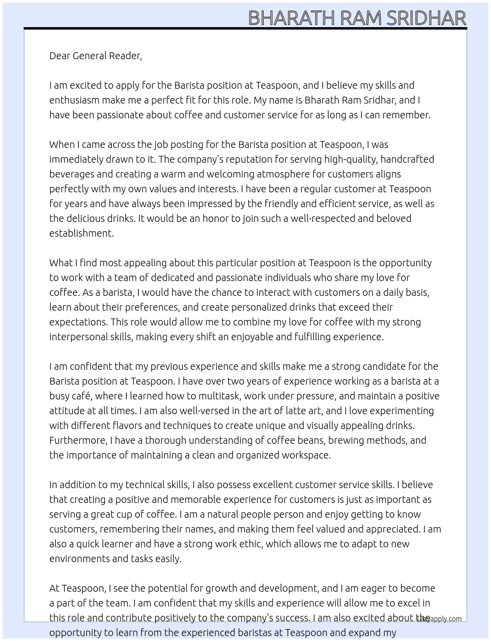 Barista At Teaspoon Cover Letter