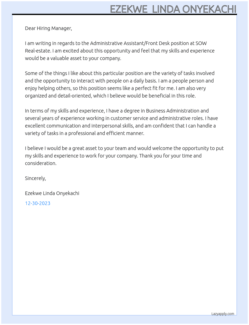 Administrative assistant/ front desk At SOW Real-estate  Cover Letter