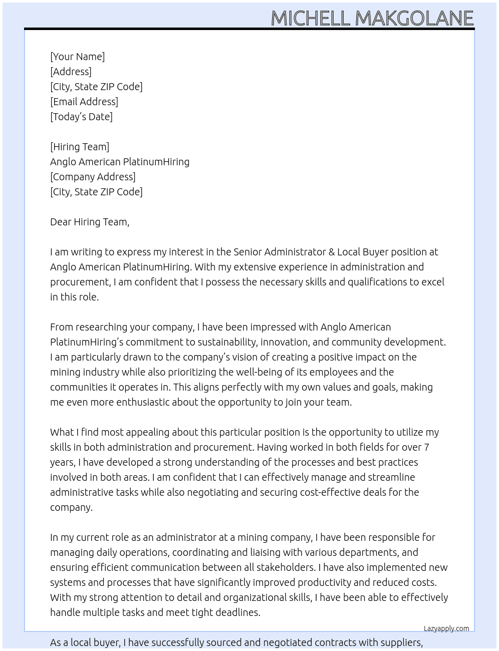 Senoir Administrator & Local Buyer At Anglo American PlatinumHiring Cover Letter