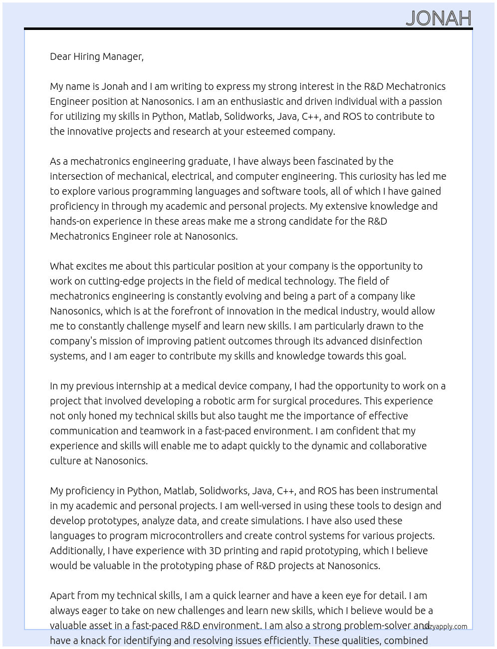 R&D Mechatronics Engineer At Nanosonics Cover Letter