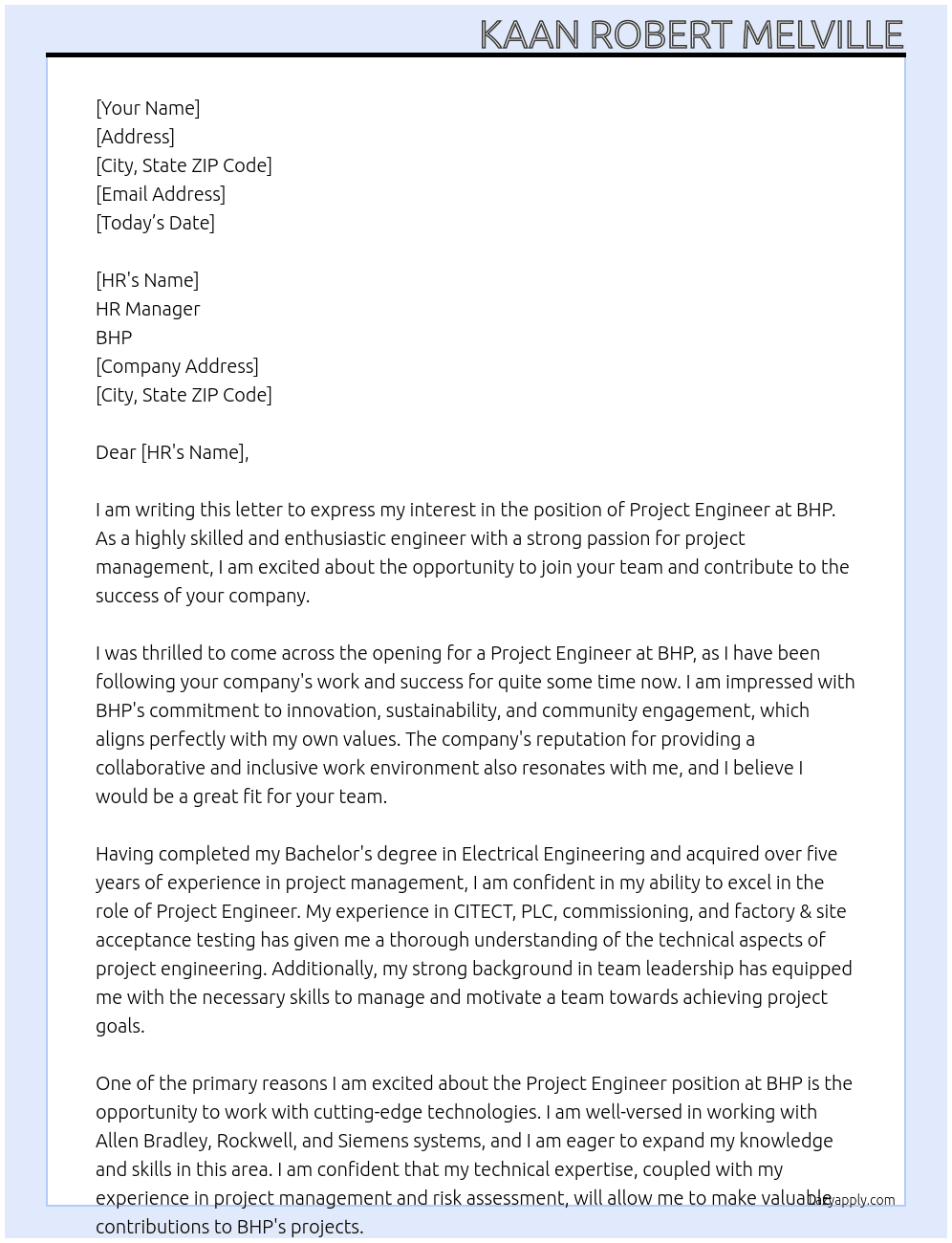 Project Engineer At BHP Cover Letter