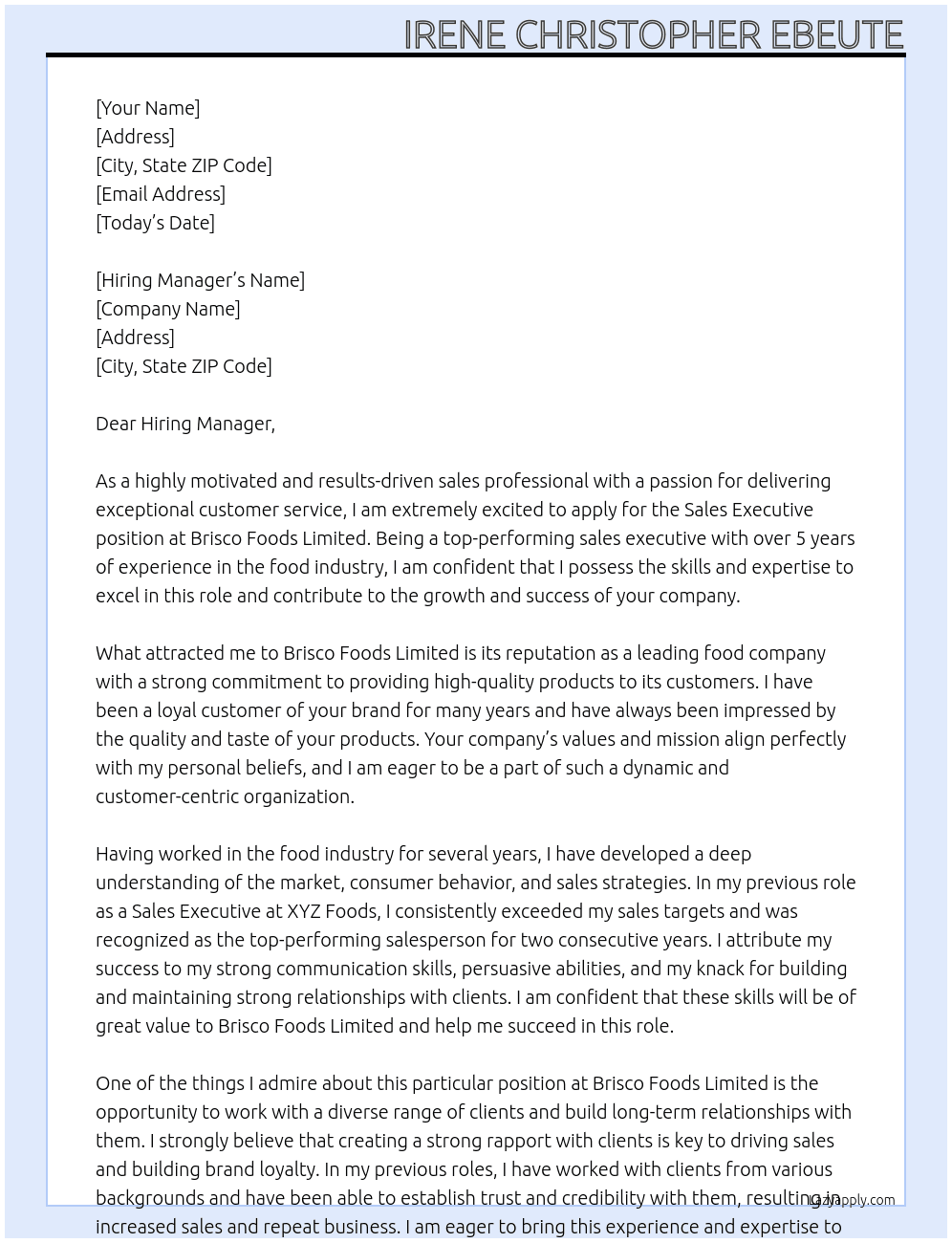 Sales Executive  At Brisco Foods Limited  Cover Letter