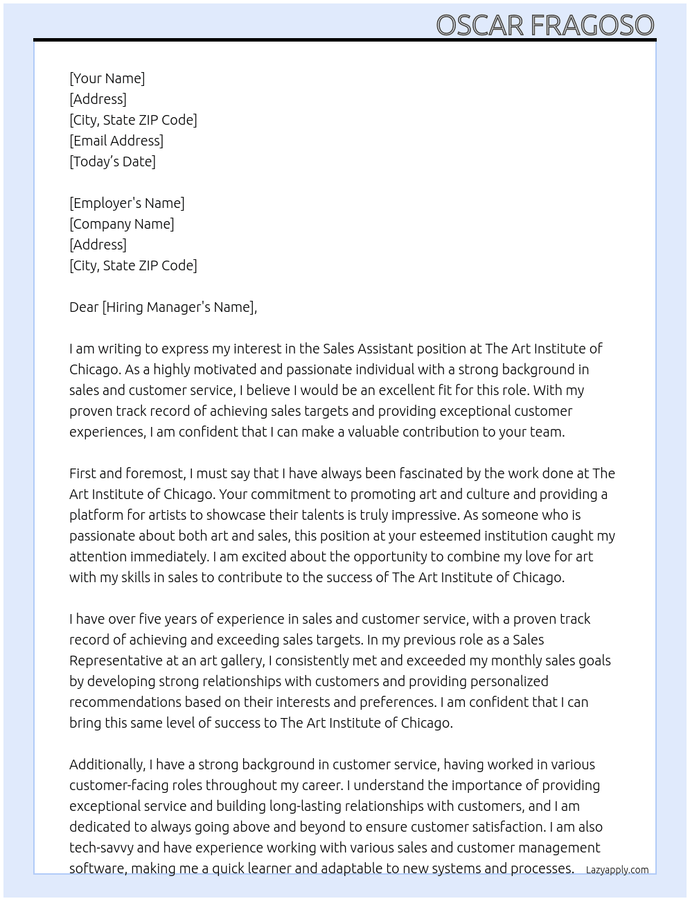 Sales Assistant At The art institute of chicago Cover Letter