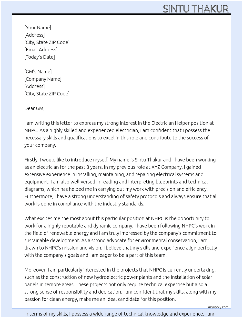 Electrician,Helper At NHPC Cover Letter