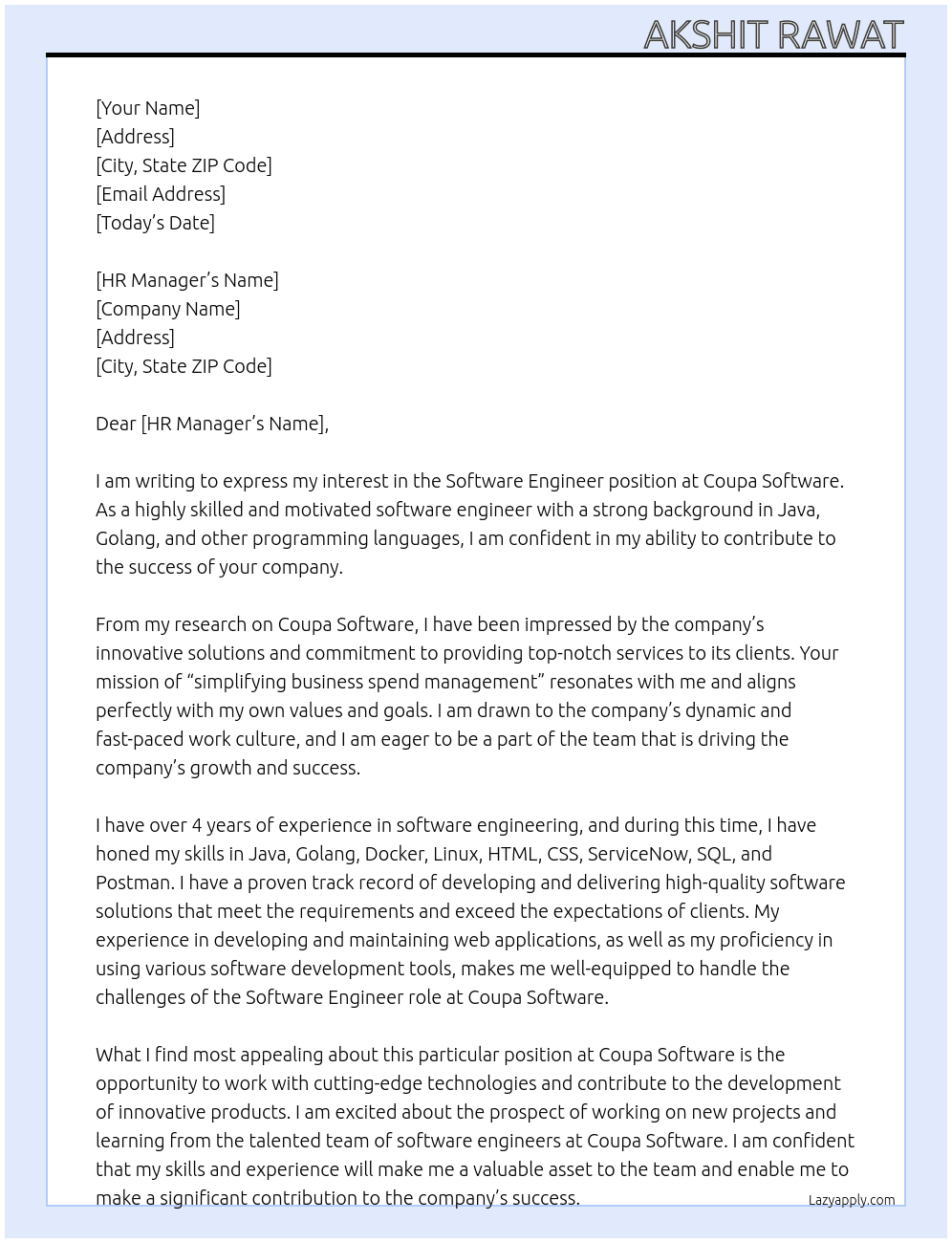 Software Engineer At Coupa Software  Cover Letter