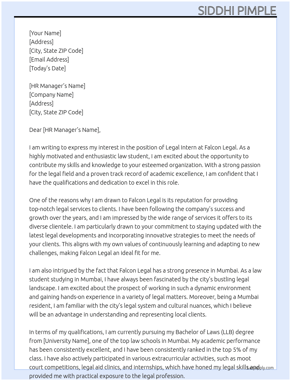 legal intern At Falcon legal Cover Letter
