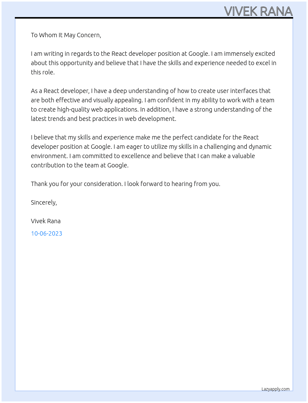 React developer  At google  Cover Letter