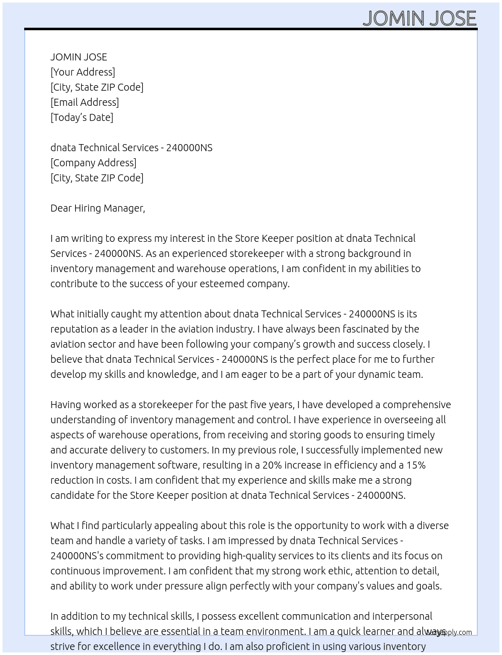 Store keeper At dnata Technical Services - 240000NS Cover Letter