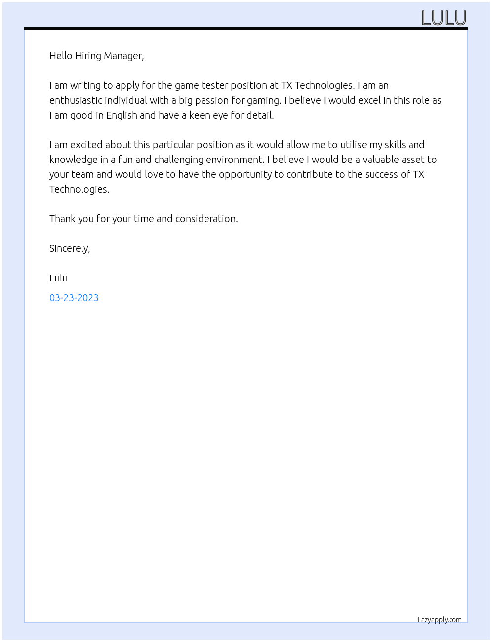 Game tester At TX Technologies Cover Letter