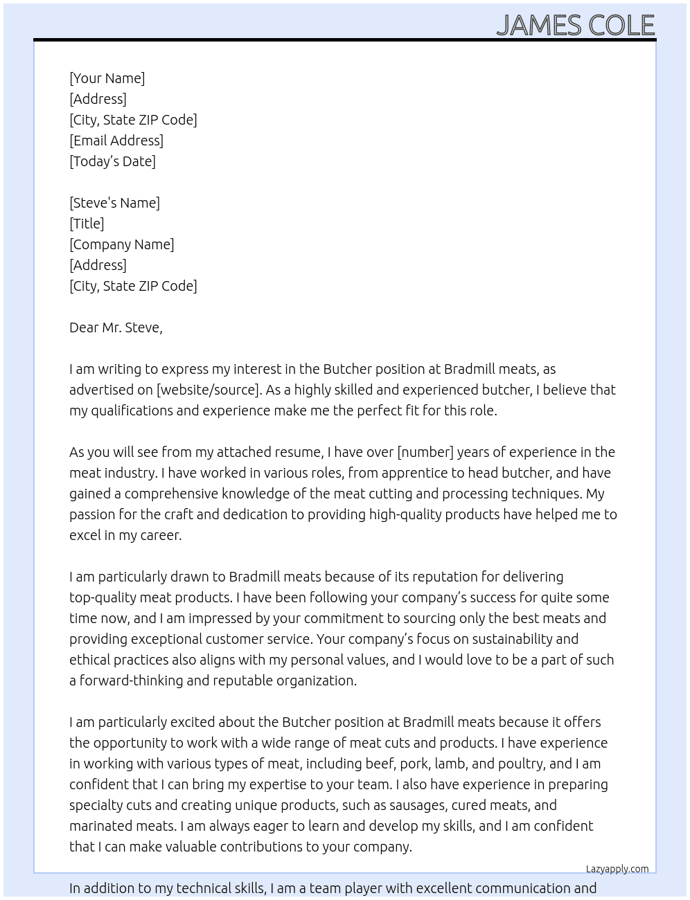 Butcher  At  Bradmill meats Cover Letter