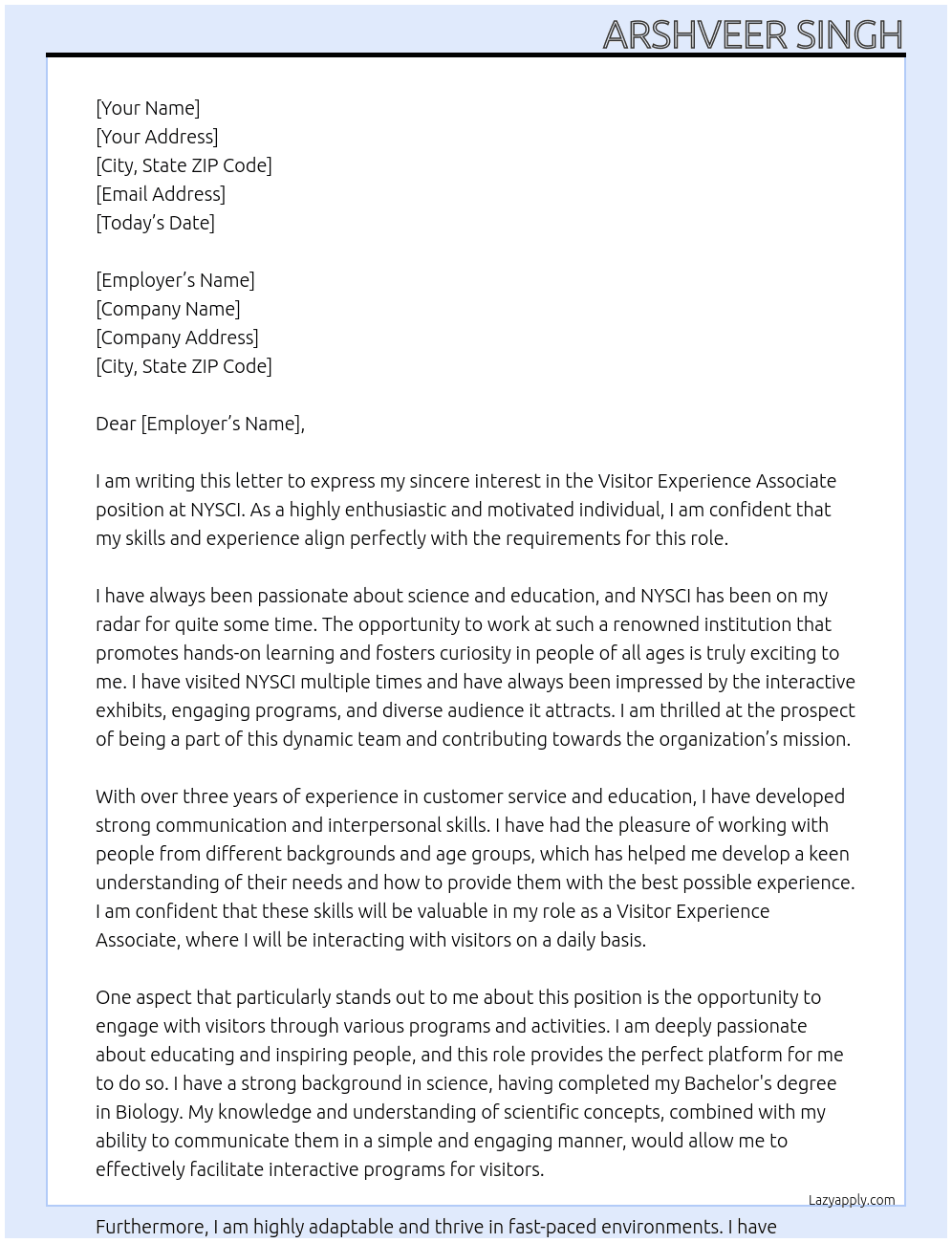 Visitor Experience Associate At NYSCI Cover Letter