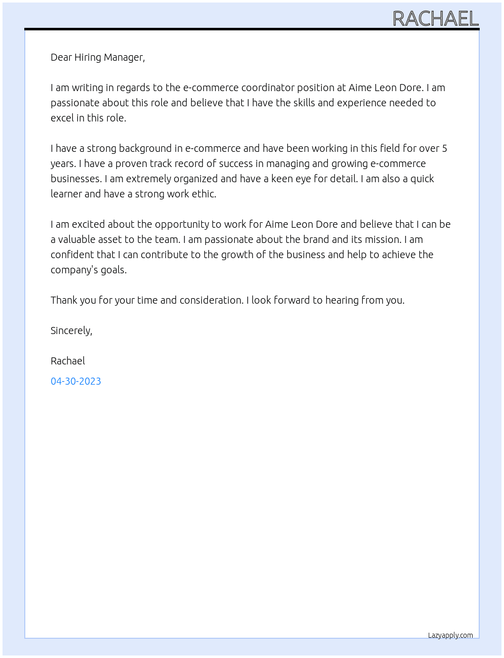 e-commerce coordinator At Aime Leon Dore Cover Letter