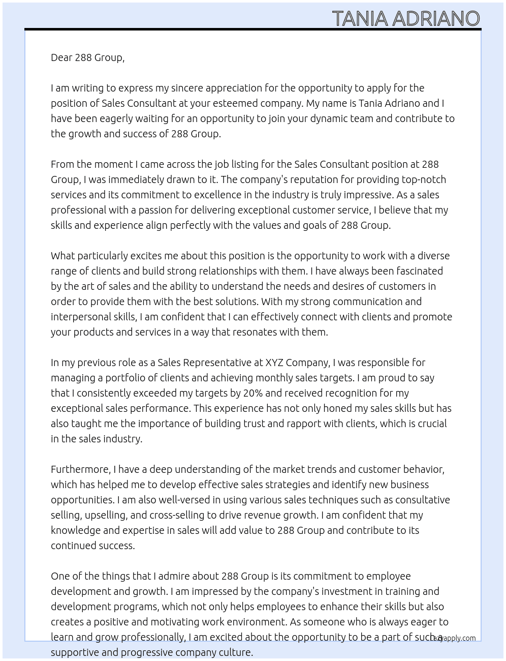 Sales consultant At 288 Group Cover Letter