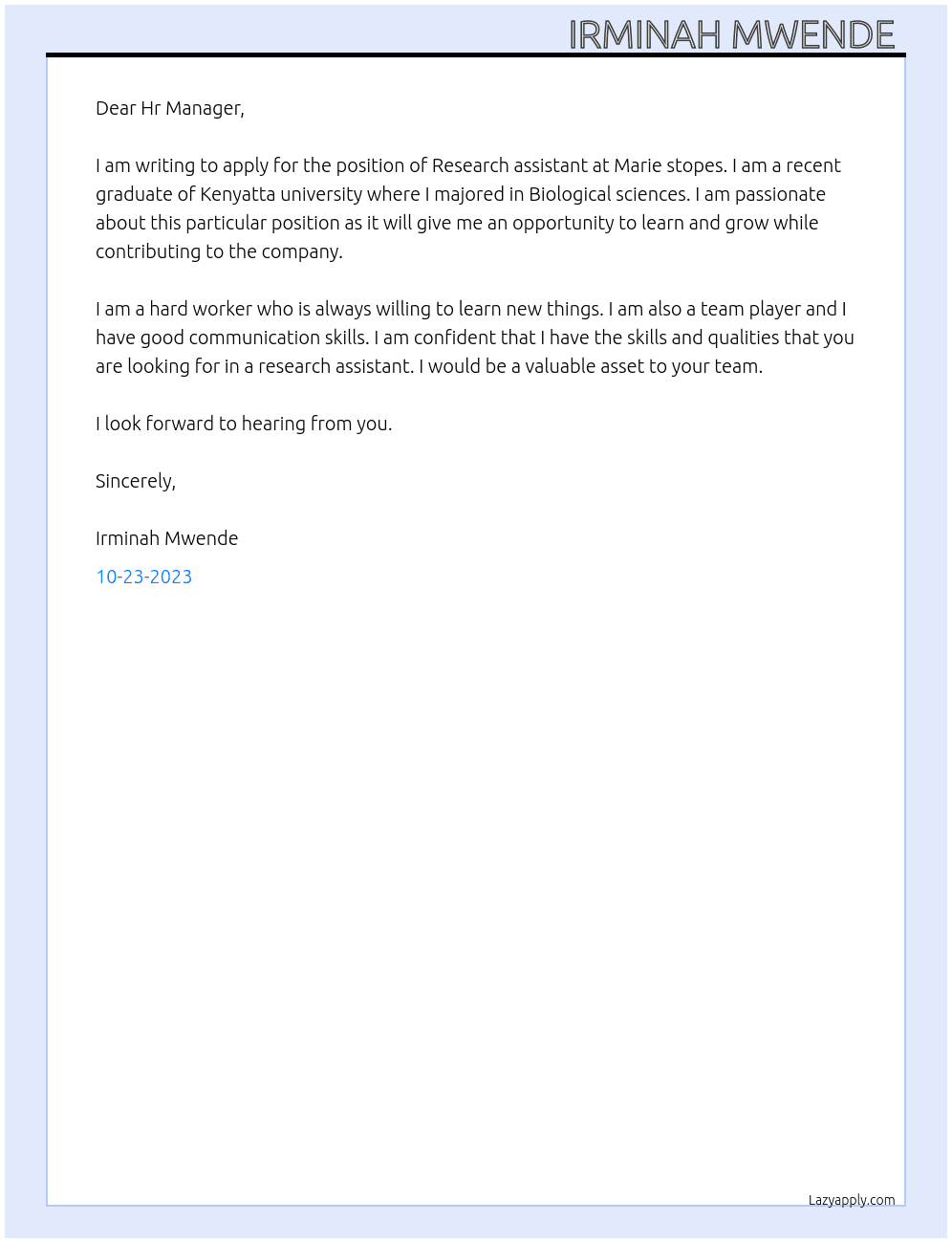 Research assistant  At Marie stopes Cover Letter