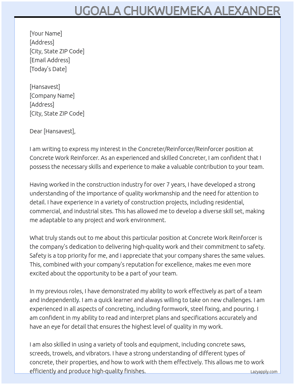 Concreter/reinforcer/reinforcer At Concrete work reinforcer Cover Letter