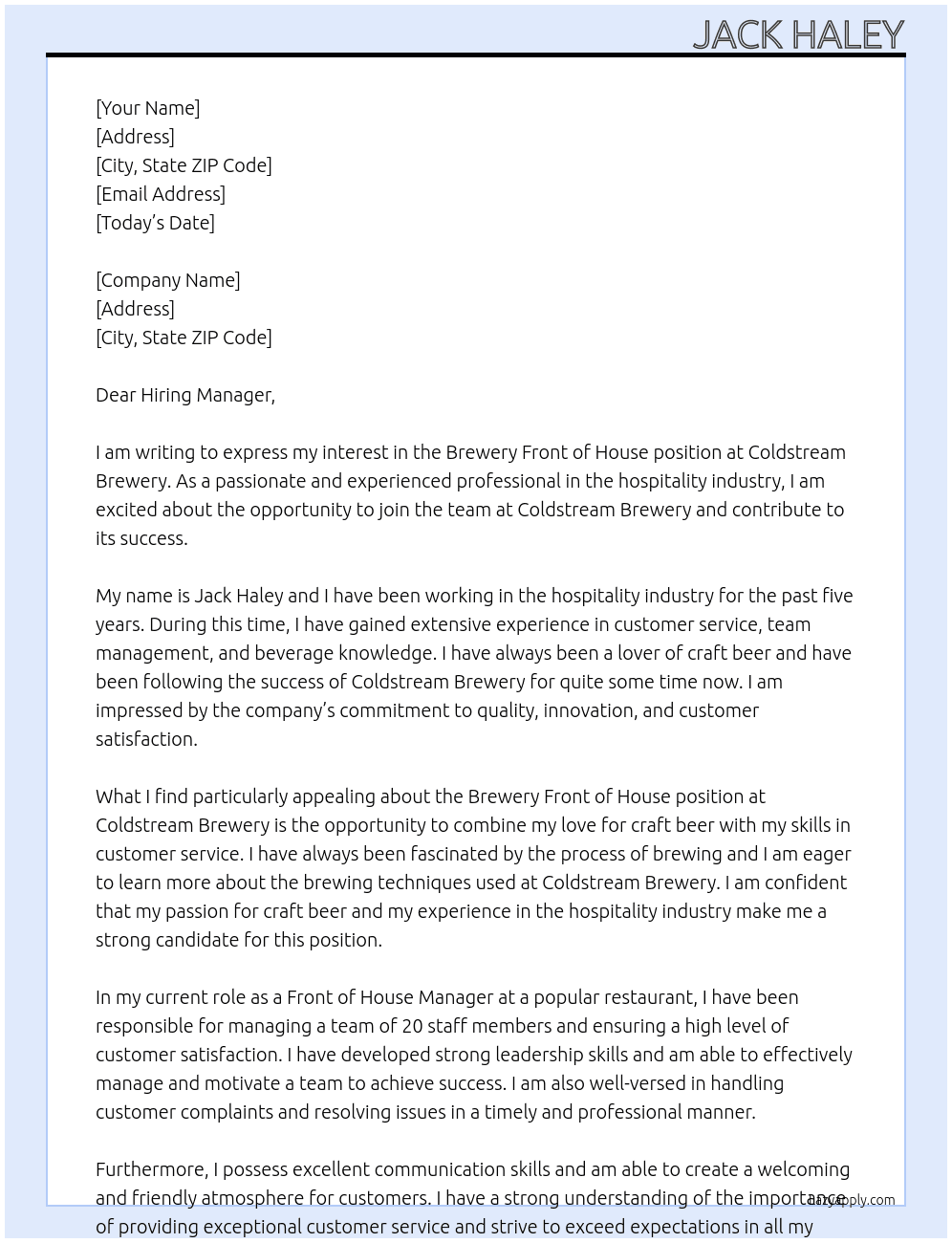 Brewery Front of House At Coldstream Brewery Cover Letter