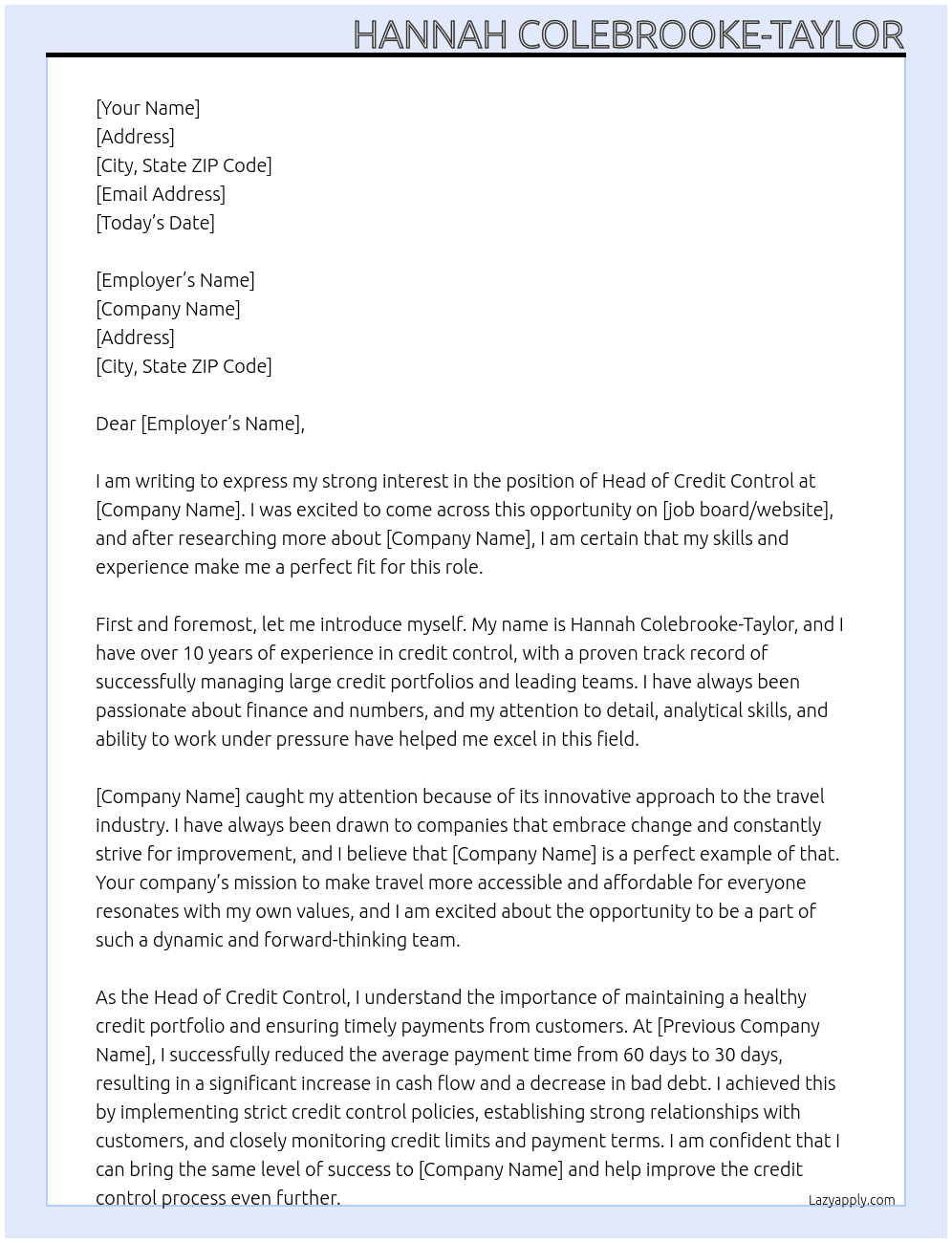 Head of Credit Control At loveholidays Cover Letter