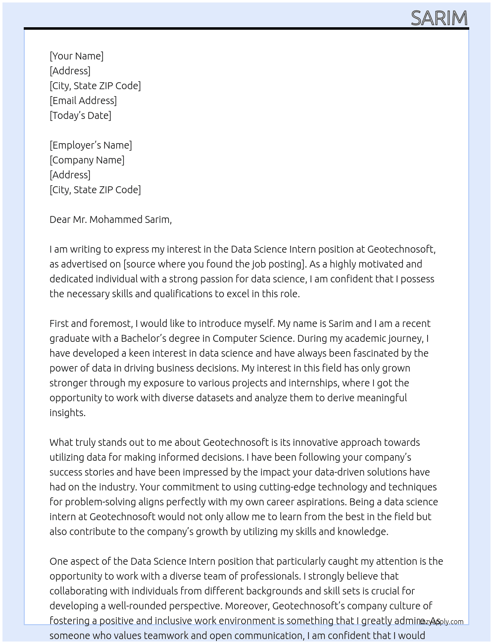 Data Science Intern At geotechnosoft Cover Letter