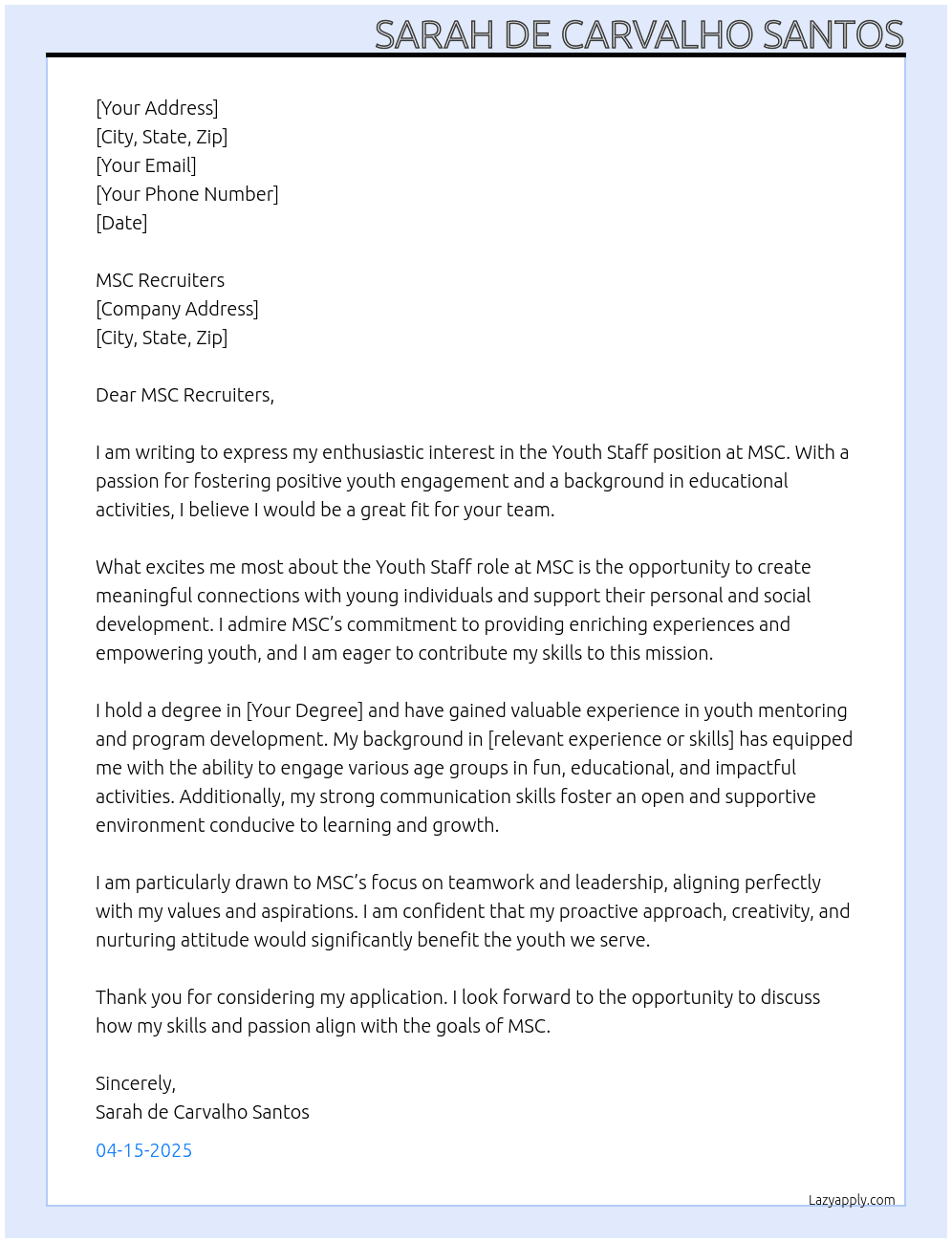 Youth Staff At MSC Cover Letter