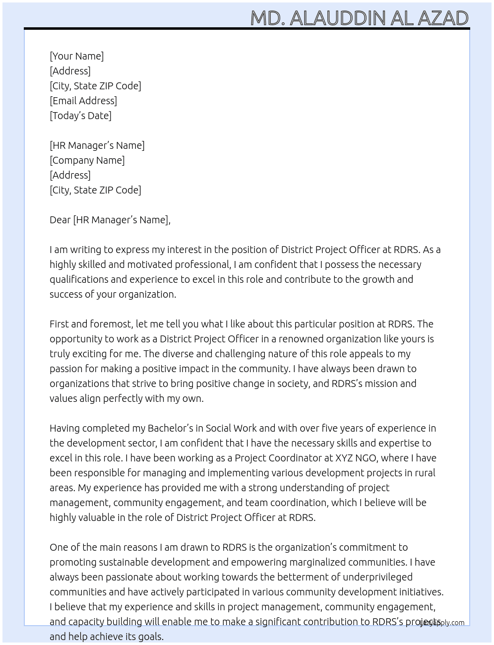 District Project Officer At RDRS Cover Letter